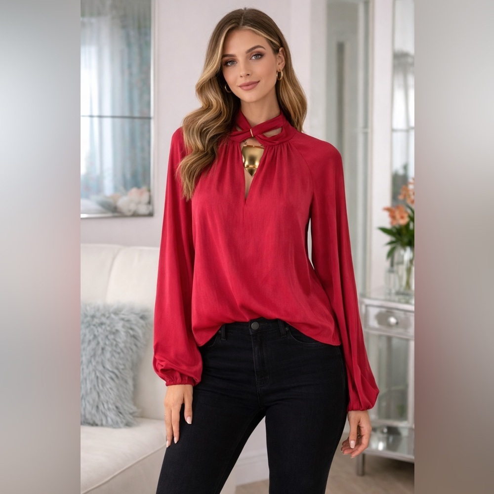 Kobi Halperin Fuchsia Twist-Keyhole Long-Sleeve silk blouse S